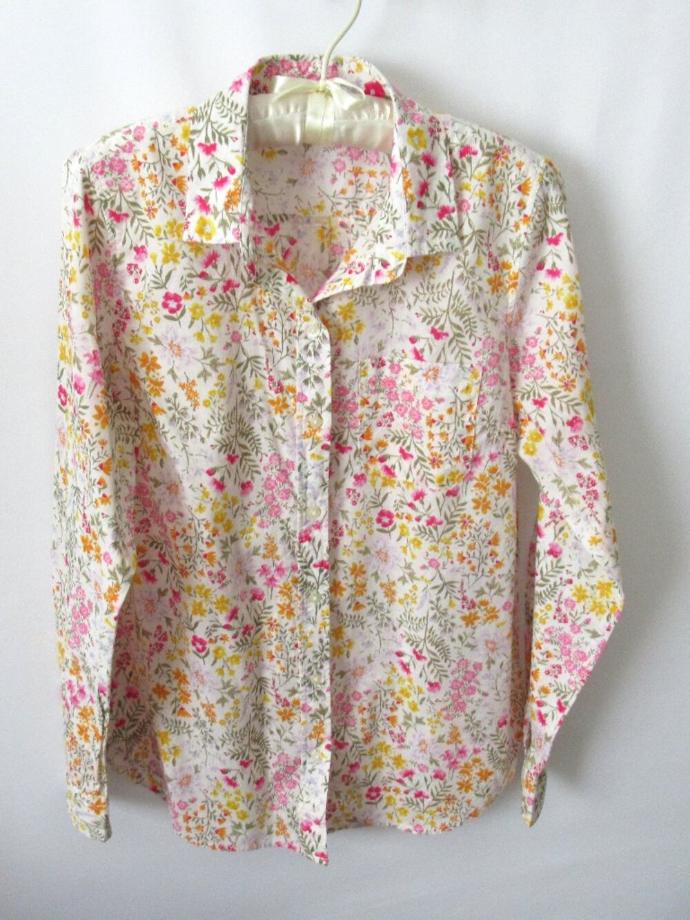 Old Navy pink yellow floral 100% cotton button front long sleeve shirt *Sz M*
